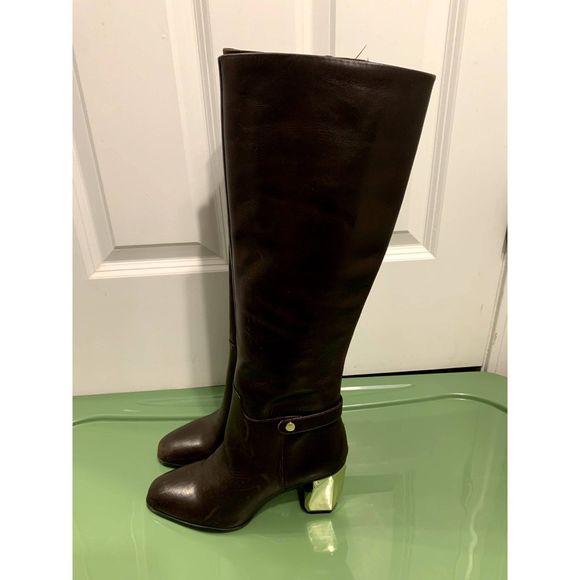Franco Sarto Tiera High Brown Leather Boots Gold Faceted Heel Size 7 NWOT - Picture 3 of 8